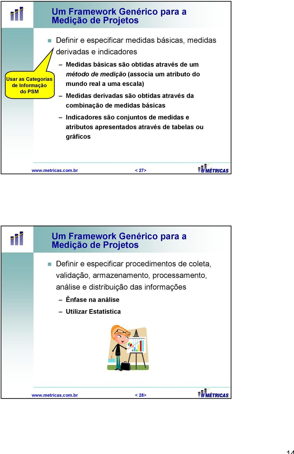 Indicadores são conjuntos de medidas e atributos apresentados através de tabelas ou gráficos www.metricas.com.