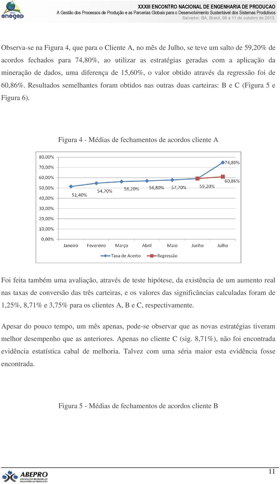 Figura 4 - Médias de fechamentos de acordos cliente A Foi feita também uma avaliação, através de teste hipótese, da existência de um aumento real nas taxas de conversão das três carteiras, e os