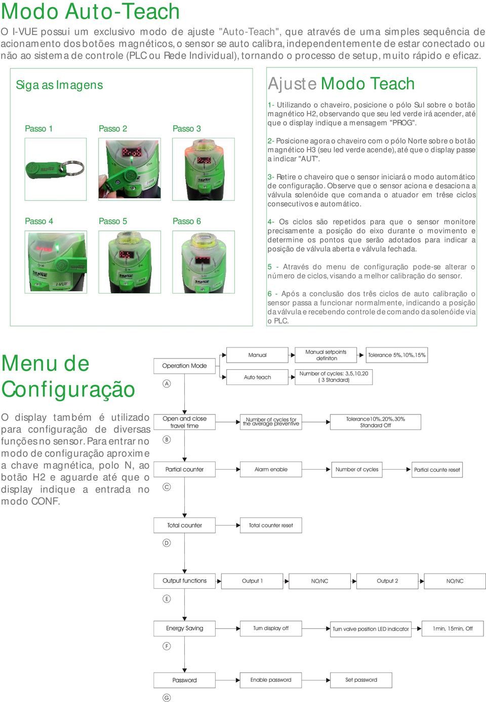 Siga as Imagens Passo 1 Passo 2 Passo 3 Ajuste Modo Teach 1- Utilizando o chaveiro, posicione o pólo Sul sobre o botão magnético H2, observando que seu led verde irá acender, até que o display