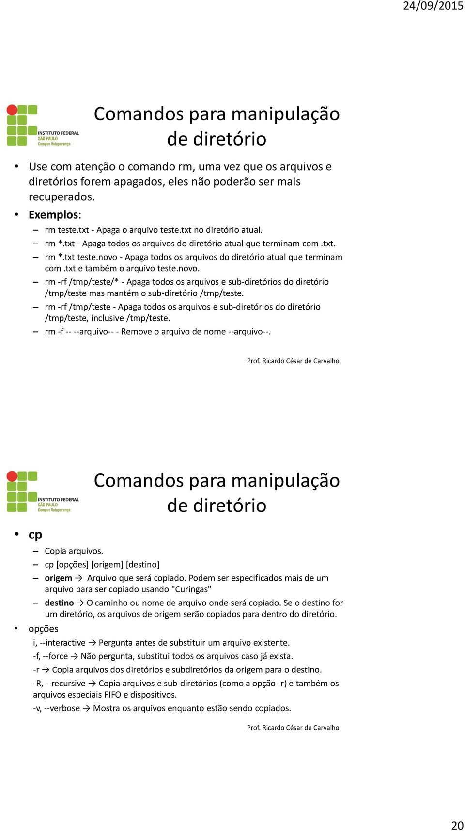 novo - Apaga todos os arquivos do diretório atual que terminam com.txt e também o arquivo teste.novo. rm -rf /tmp/teste/* - Apaga todos os arquivos e sub-diretórios do diretório /tmp/teste mas mantém o sub-diretório /tmp/teste.