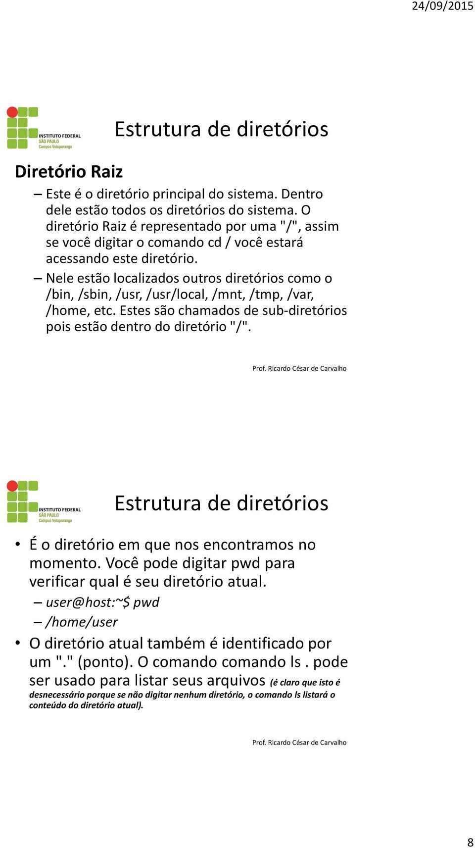 Nele estão localizados outros diretórios como o /bin, /sbin, /usr, /usr/local, /mnt, /tmp, /var, /home, etc. Estes são chamados de sub-diretórios pois estão dentro do diretório "/".