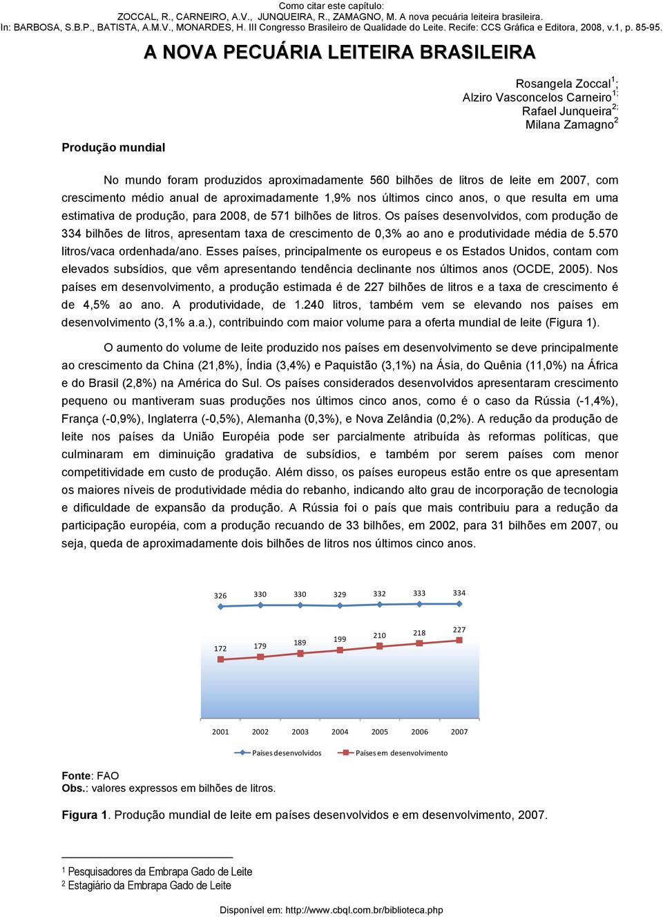 Os países desenvolvidos, com produção de 334 bilhões de litros, apresentam taxa de crescimento de 0,3% ao ano e produtividade média de 5.570 litros/vaca ordenhada/ano.