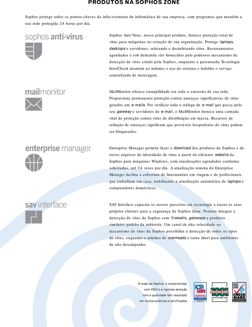 Rastreamentos agendados e sob demanda são fornecidos pelo poderoso mecanismo de detecção de vírus criado pela Sophos, enquanto a patenteada Tecnologia InterCheck mantém ao mínimo o uso do sistema e