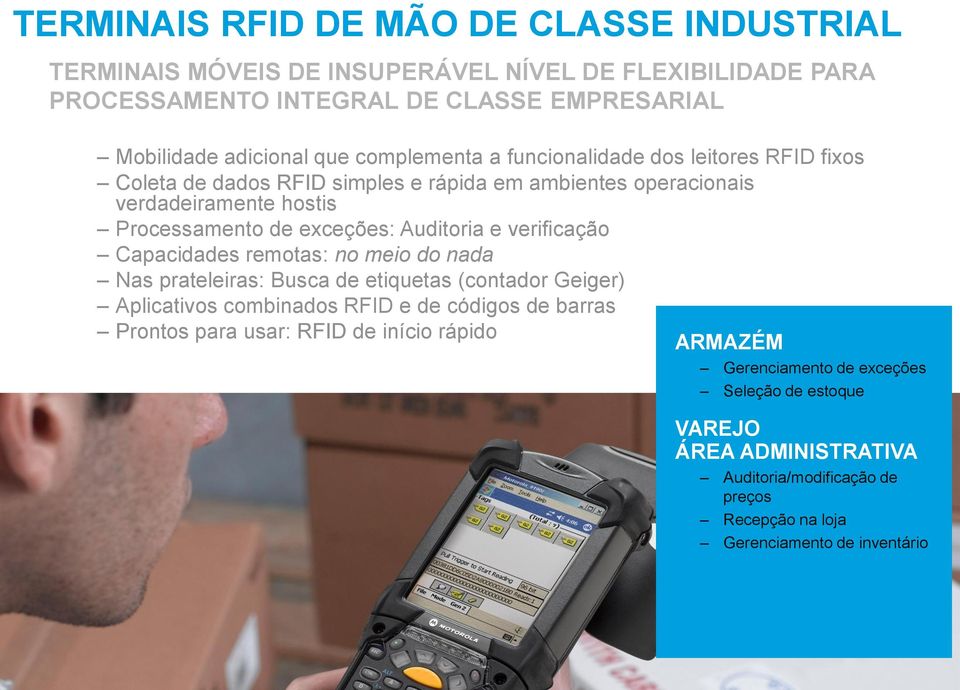 Auditoria e verificação Capacidades remotas: no meio do nada Nas prateleiras: Busca de etiquetas (contador Geiger) Aplicativos combinados RFID e de códigos de barras Prontos