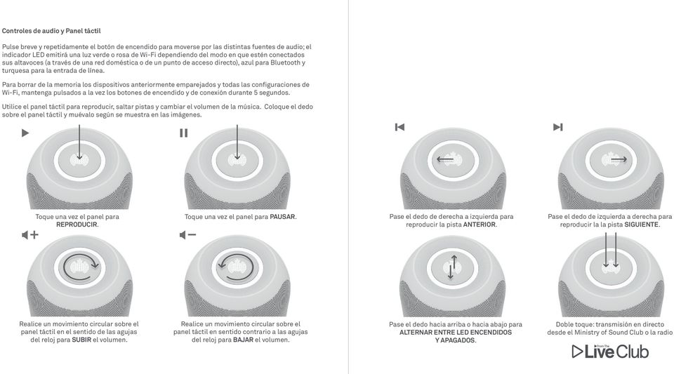 Para borrar de la memoria los dispositivos anteriormente emparejados y todas las configuraciones de Wi-Fi, mantenga pulsados a la vez los botones de encendido y de conexión durante 5 segundos.