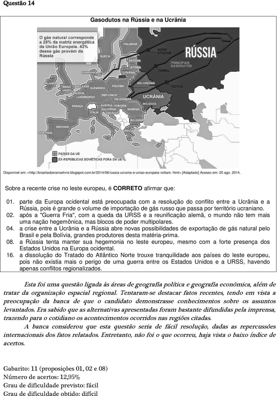 parte da Europa ocidental está preocupada com a resolução do conflito entre a Ucrânia e a Rússia, pois é grande o volume de importação de gás russo que passa por território ucraniano. 02.