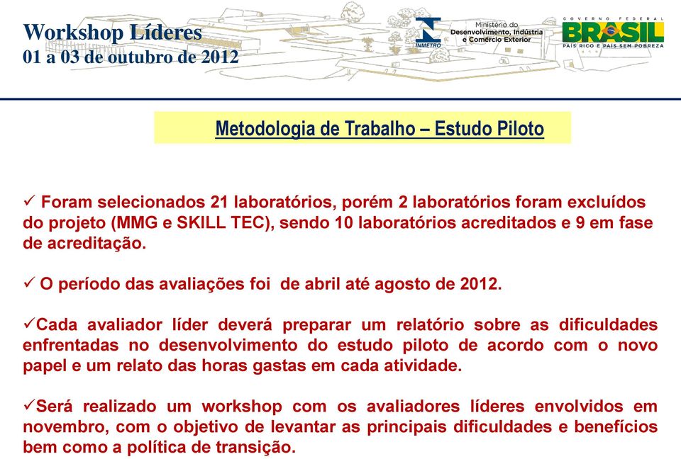 Cada avaliador líder deverá preparar um relatório sobre as dificuldades enfrentadas no desenvolvimento do estudo piloto de acordo com o novo papel e um relato