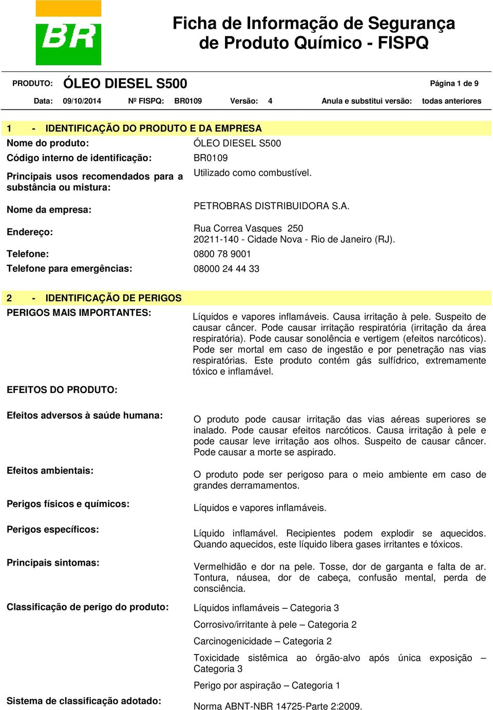 Telefone: 0800 78 9001 Telefone para emergências: 08000 24 44 33 2 - IDENTIFICAÇÃO DE PERIGOS PERIGOS MAIS IMPORTANTES: Líquidos e vapores inflamáveis. Causa irritação à pele.