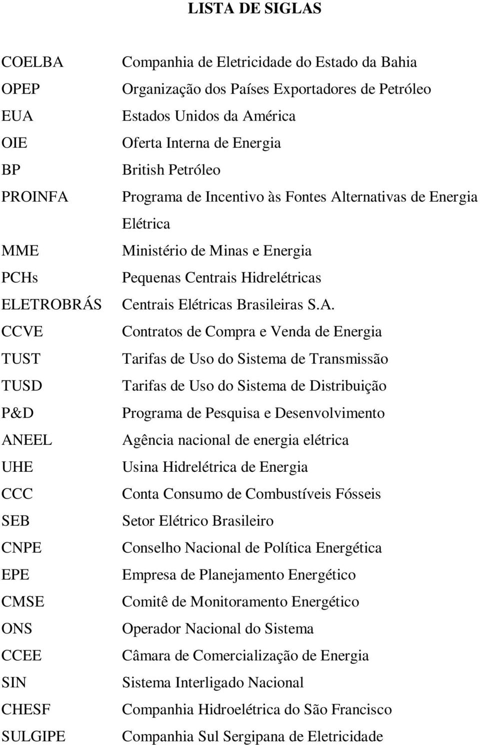 Minas e Energia Pequenas Centrais Hidrelétricas Centrais Elétricas Brasileiras S.A.