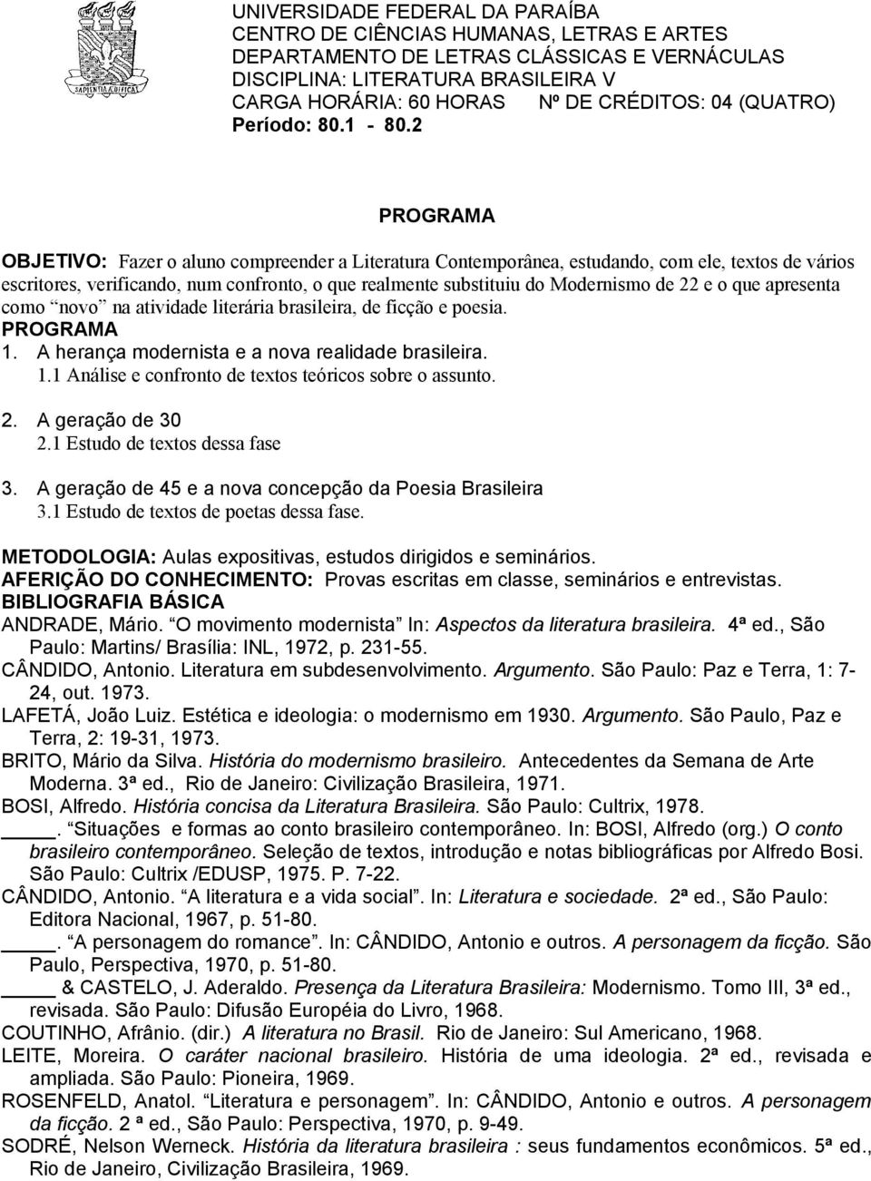 e o que apresenta como novo na atividade literária brasileira, de ficção e poesia. PROGRAMA 1. A herança modernista e a nova realidade brasileira. 1.1 Análise e confronto de textos teóricos sobre o assunto.