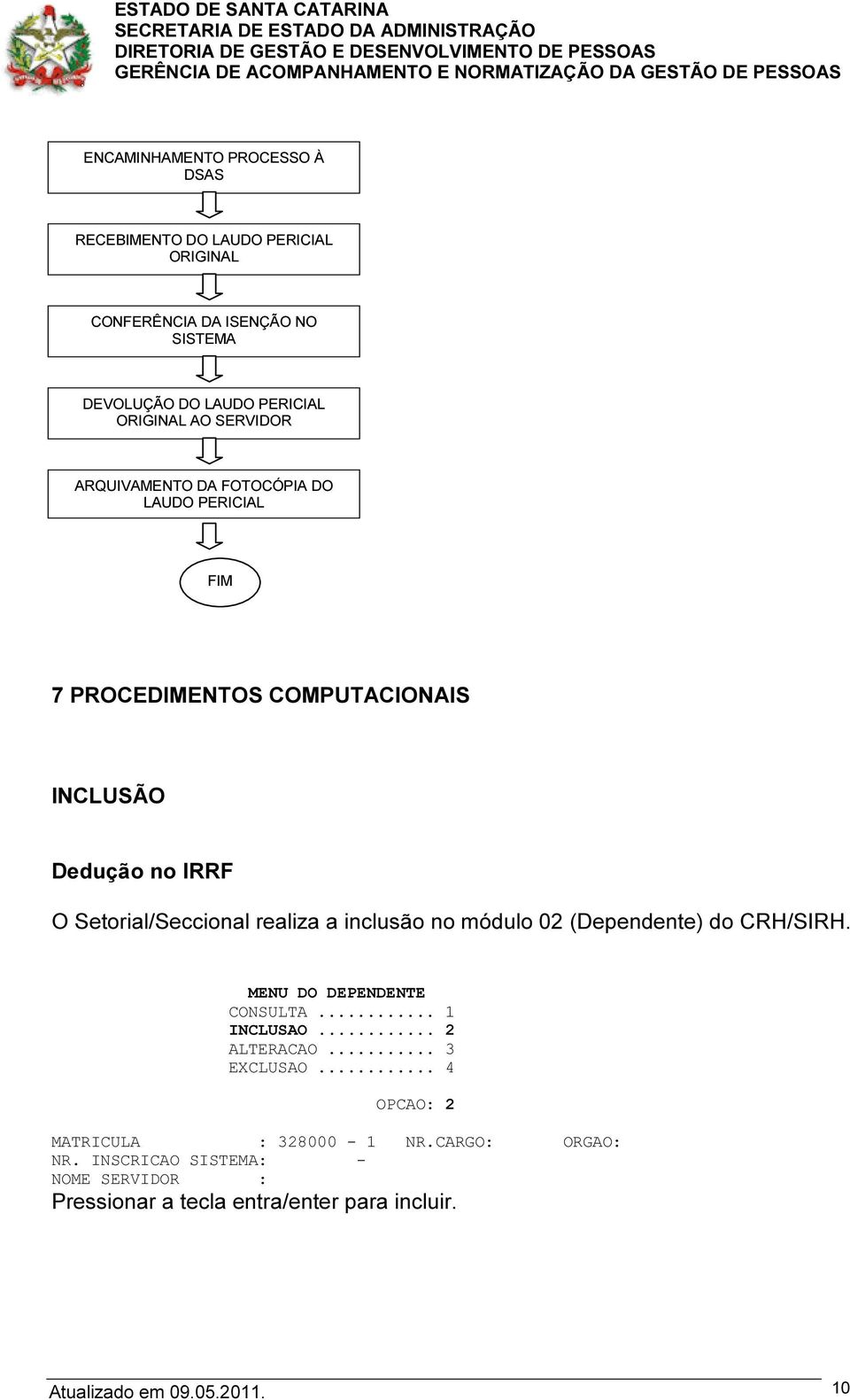 inclusão no módulo 02 (Dependente) do CRH/SIRH. MENU DO DEPENDENTE CONSULTA... 1 INCLUSAO... 2 ALTERACAO... 3 EXCLUSAO.