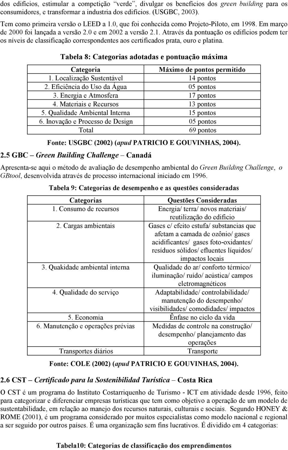 Tabela 8: Categorias adotadas e pontuação máxima Categoria Máximo de pontos permitido 1. Localização Sustentável 14 pontos 2. Eficiência do Uso da Água 05 pontos 3. Energia e Atmosfera 17 pontos 4.