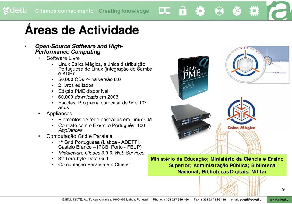 000 downloads em 2003 Escolas: Programa curricular de 9º e 10º anos Appliances Elementos de rede baseados em Linux CM Contrato com o Exercito Português: 100 Appliances Computação Grid e