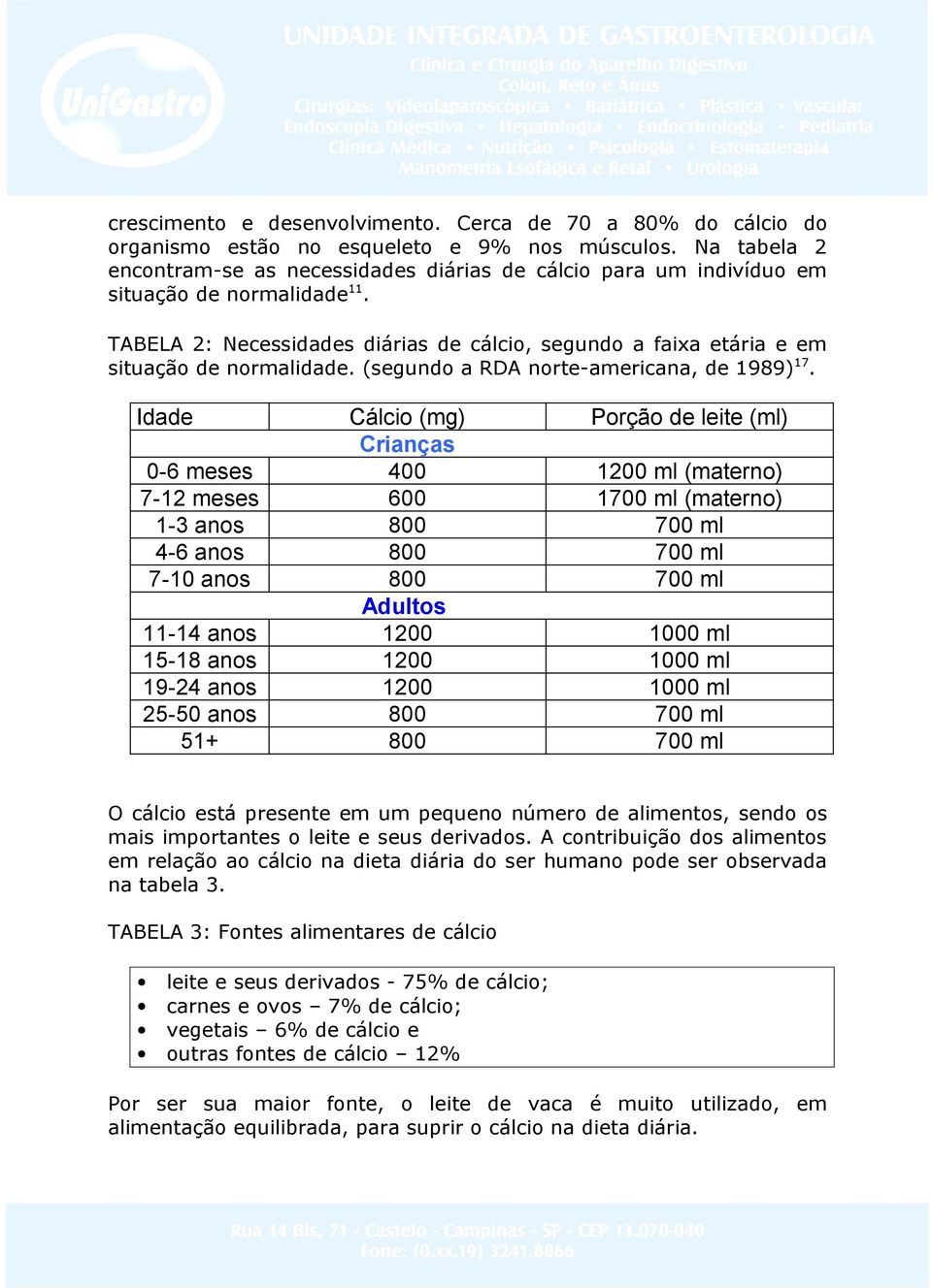 TABELA 2: Necessidades diárias de cálcio, segundo a faixa etária e em situação de normalidade. (segundo a RDA norte-americana, de 1989) 17.