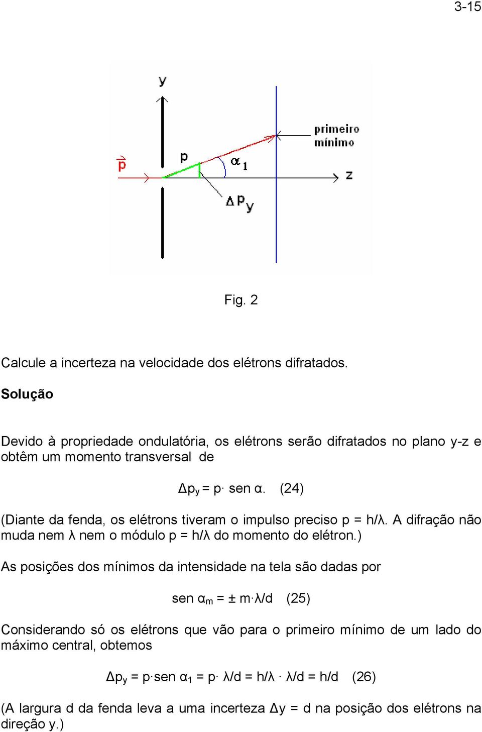 (4) (Diante da fenda, os elétrons tiveram o impulso preciso p = h/λ. A difração não muda nem λ nem o módulo p = h/λ do momento do elétron.