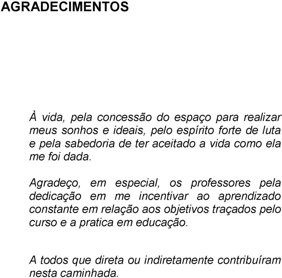 Agradeço, em especial, os professores pela dedicação em me incentivar ao aprendizado constante em