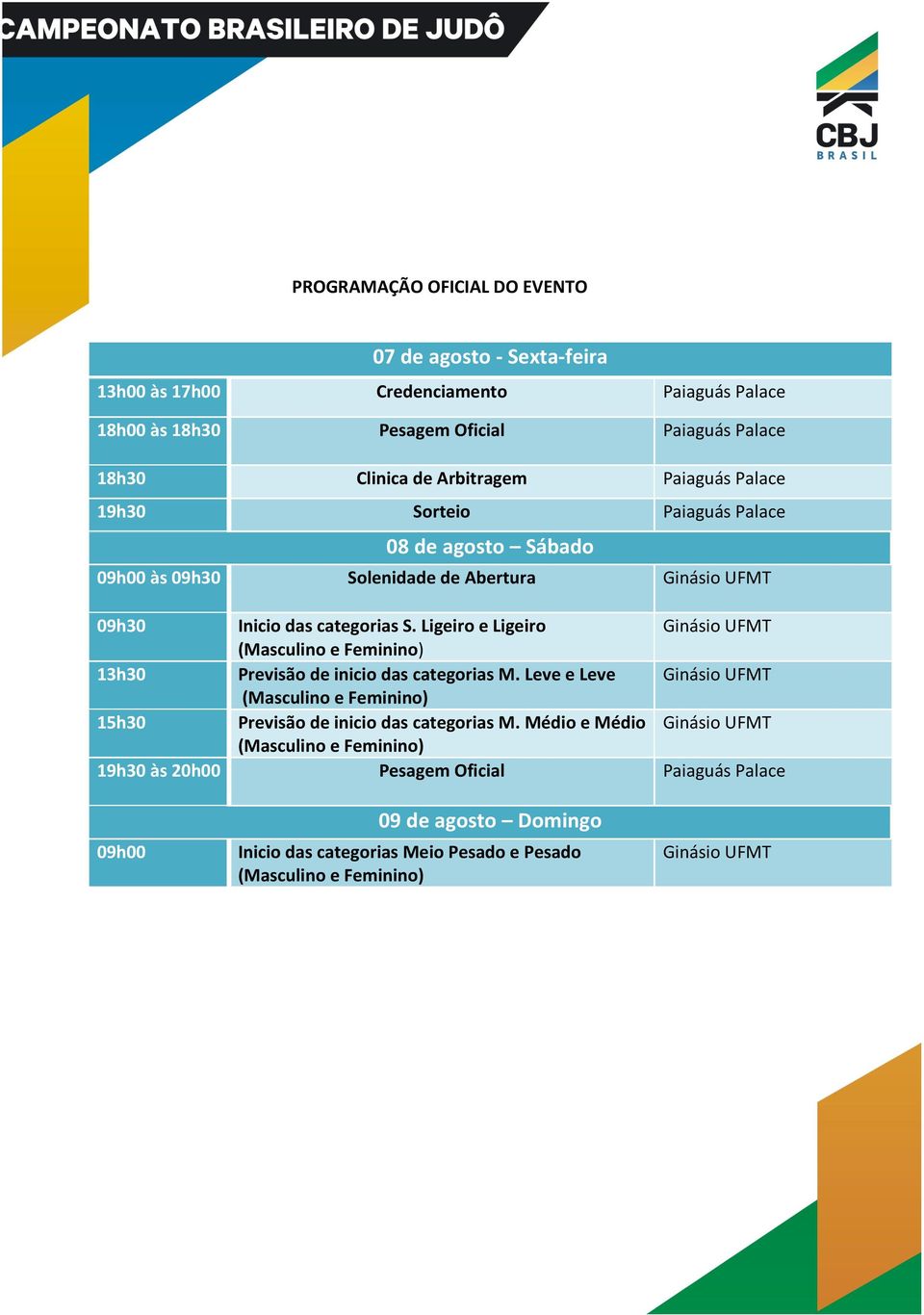 09h30 Inicio das categorias S. Ligeiro e Ligeiro Ginásio UFMT 13h30 Previsão de inicio das categorias M.