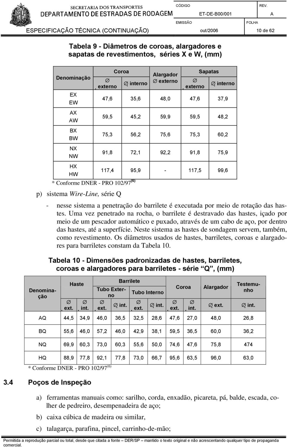 99,6 p) sistema Wire-Line, série Q - nesse sistema a penetração do barrilete é executada por meio de rotação das hastes.