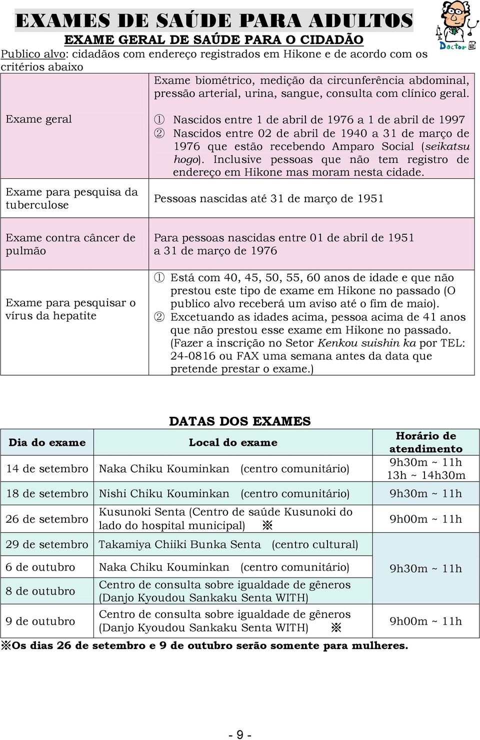 Exame geral Exame para pesquisa da tuberculose 1 Nascidos entre 1 de abril de 1976 a 1 de abril de 1997 2 Nascidos entre 02 de abril de 1940 a 31 de março de 1976 que estão recebendo Amparo Social