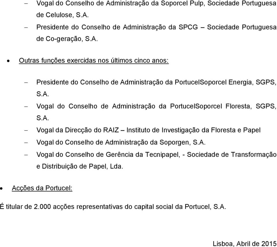 Vogal da Direcção do RAIZ Instituto de Investigação da Floresta e Papel Vogal do Conselho de Administração da Soporgen, Vogal do Conselho de Gerência da