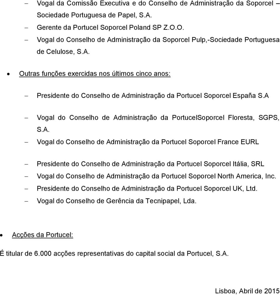 A Vogal do Conselho de Administração da PortucelSoporcel Floresta, SGPS, Vogal do Conselho de Administração da Portucel Soporcel France EURL Presidente do Conselho de Administração da Portucel