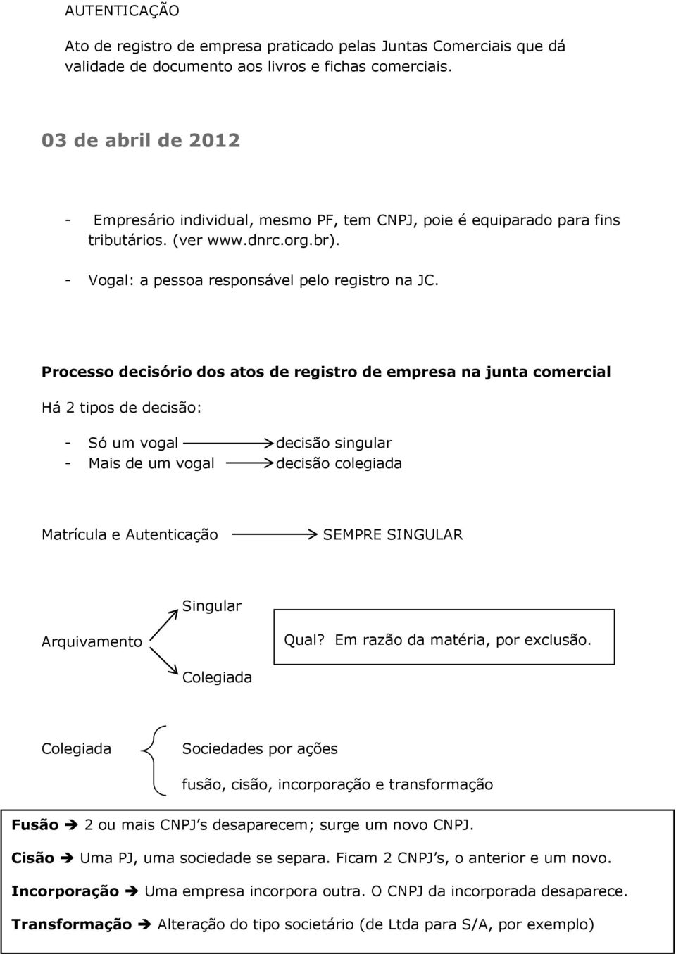 Processo decisório dos atos de registro de empresa na junta comercial Há 2 tipos de decisão: - Só um vogal decisão singular - Mais de um vogal decisão colegiada Matrícula e Autenticação SEMPRE