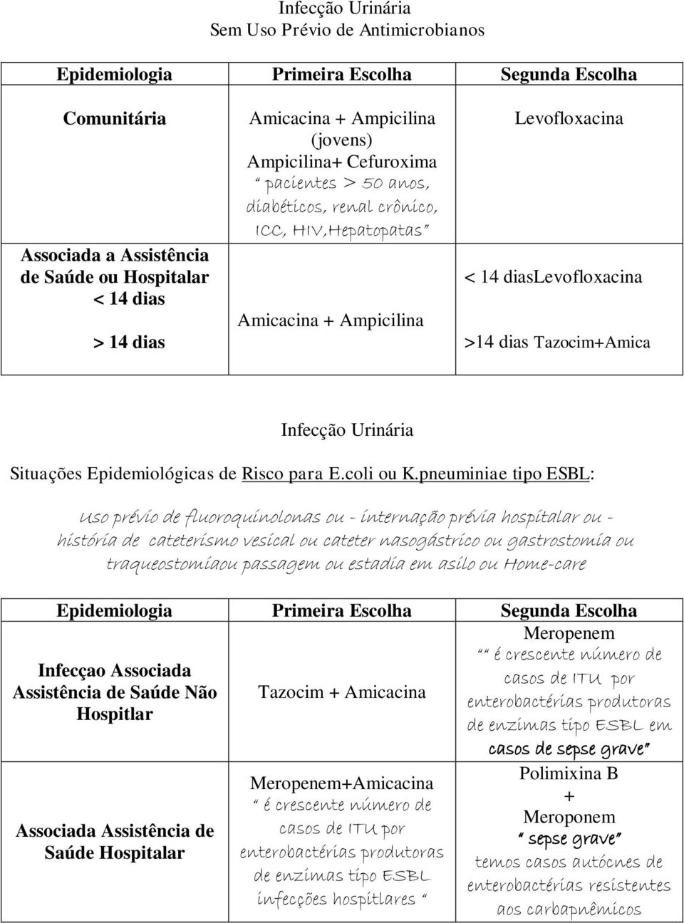 pneuminiae tipo ESBL: Uso prévio de fluoroquinolonas ou - internação prévia hospitalar ou - história de cateterismo vesical ou cateter nasogástrico ou gastrostomia ou traqueostomiaou passagem ou