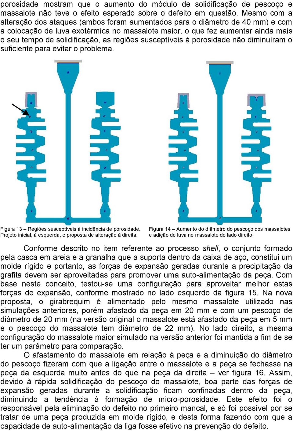 solidificação, as regiões susceptíveis à porosidade não diminuíram o suficiente para evitar o problema. Figura 13 Regiões susceptíveis à incidência de porosidade.