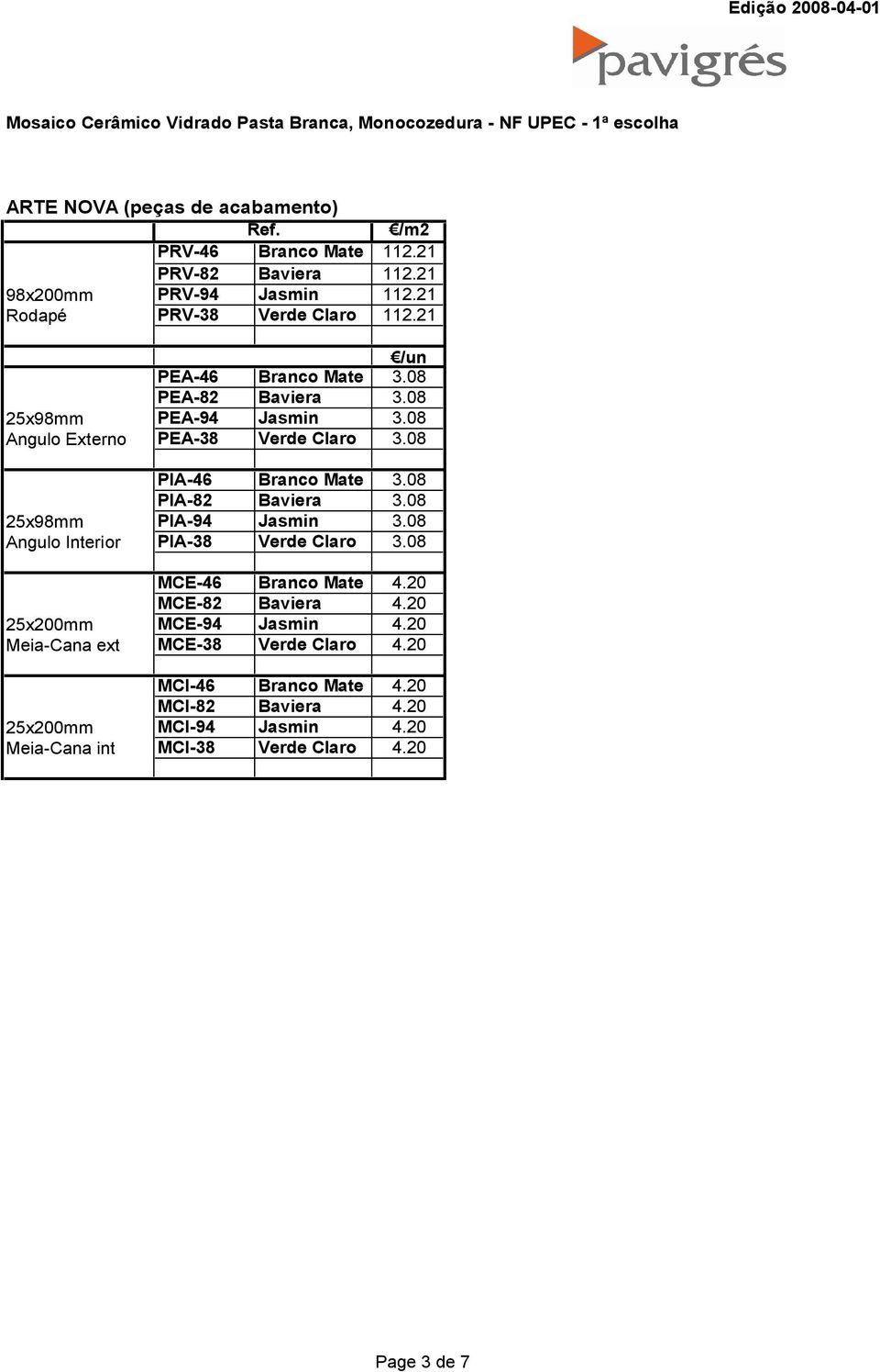 08 Angulo Externo PEA-38 Verde Claro 3.08 PIA-46 Branco Mate 3.08 PIA-82 Baviera 3.08 25x98mm PIA-94 Jasmin 3.08 Angulo Interior PIA-38 Verde Claro 3.08 MCE-46 Branco Mate 4.