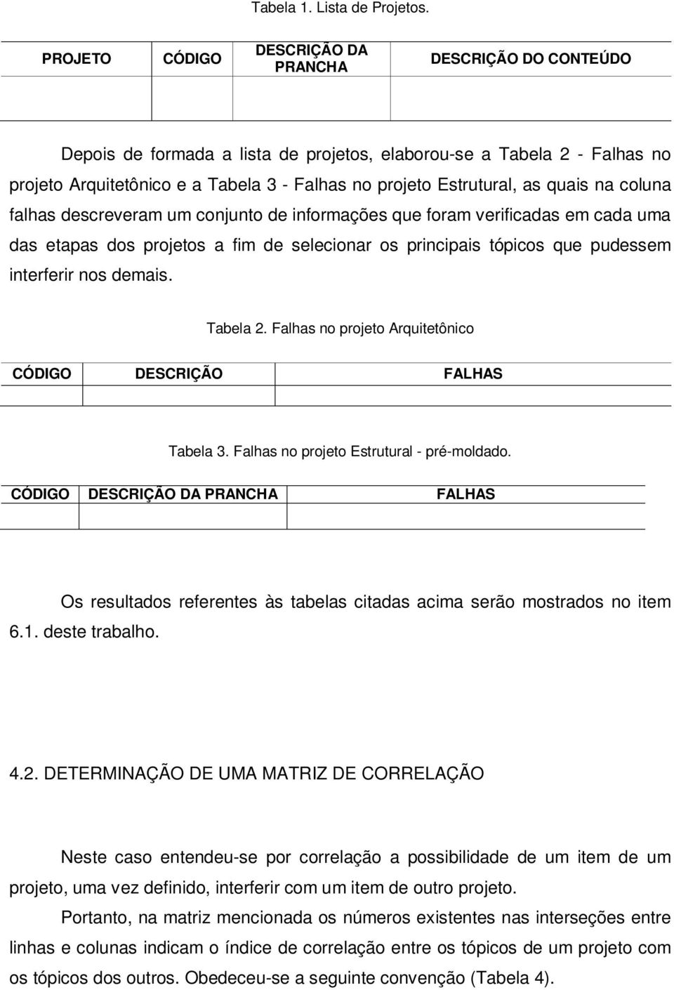 as quais na coluna falhas descreveram um conjunto de informações que foram verificadas em cada uma das etapas dos projetos a fim de selecionar os principais tópicos que pudessem interferir nos demais.