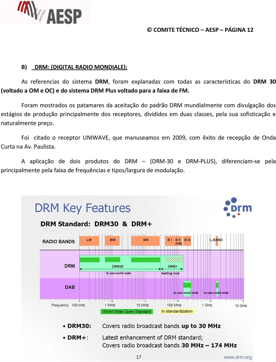 Foram mostrados os patamares da aceitação do padrão DRM mundialmente com divulgação dos estágios de produção principalmente dos receptores, divididos em duas classes, pela