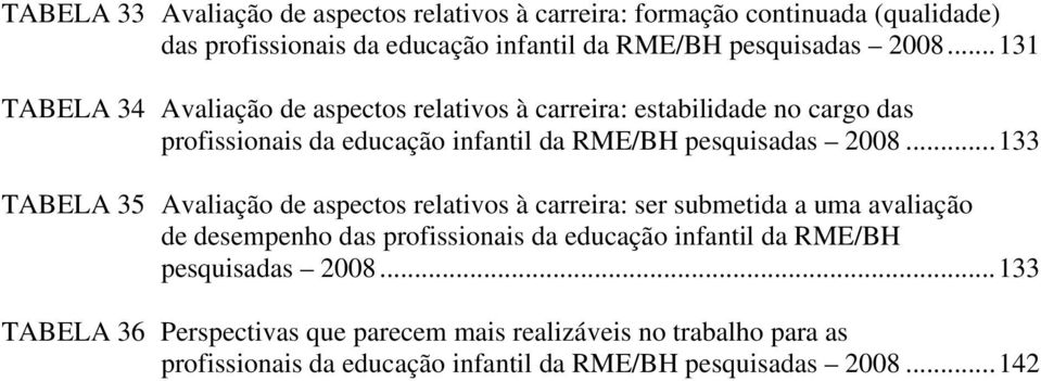 ..133 TABELA 35 Avaliação de aspectos relativos à carreira: ser submetida a uma avaliação de desempenho das profissionais da educação infantil da RME/BH