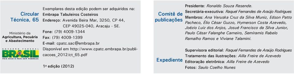 Secretária-executiva: Raquel Fernandes de Araújo Rodrigues Comitê de Membros: Ana Veruska Cruz da Silva Muniz, Edson Patto publicações Pacheco, Élio César Guzzo, Hymerson Costa Azevedo, Joézio Luiz