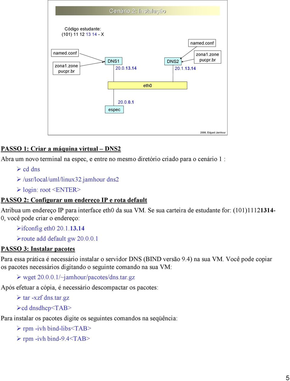 Se sua carteira de estudante for: (101)11121314-0, você pode criar o endereço: ifconfig eth0 20.1.13.14 route add default gw 20.0.0.1 PASSO 3: Instalar pacotes Para essa prática é necessário instalar o servidor DNS (BIND versão 9.