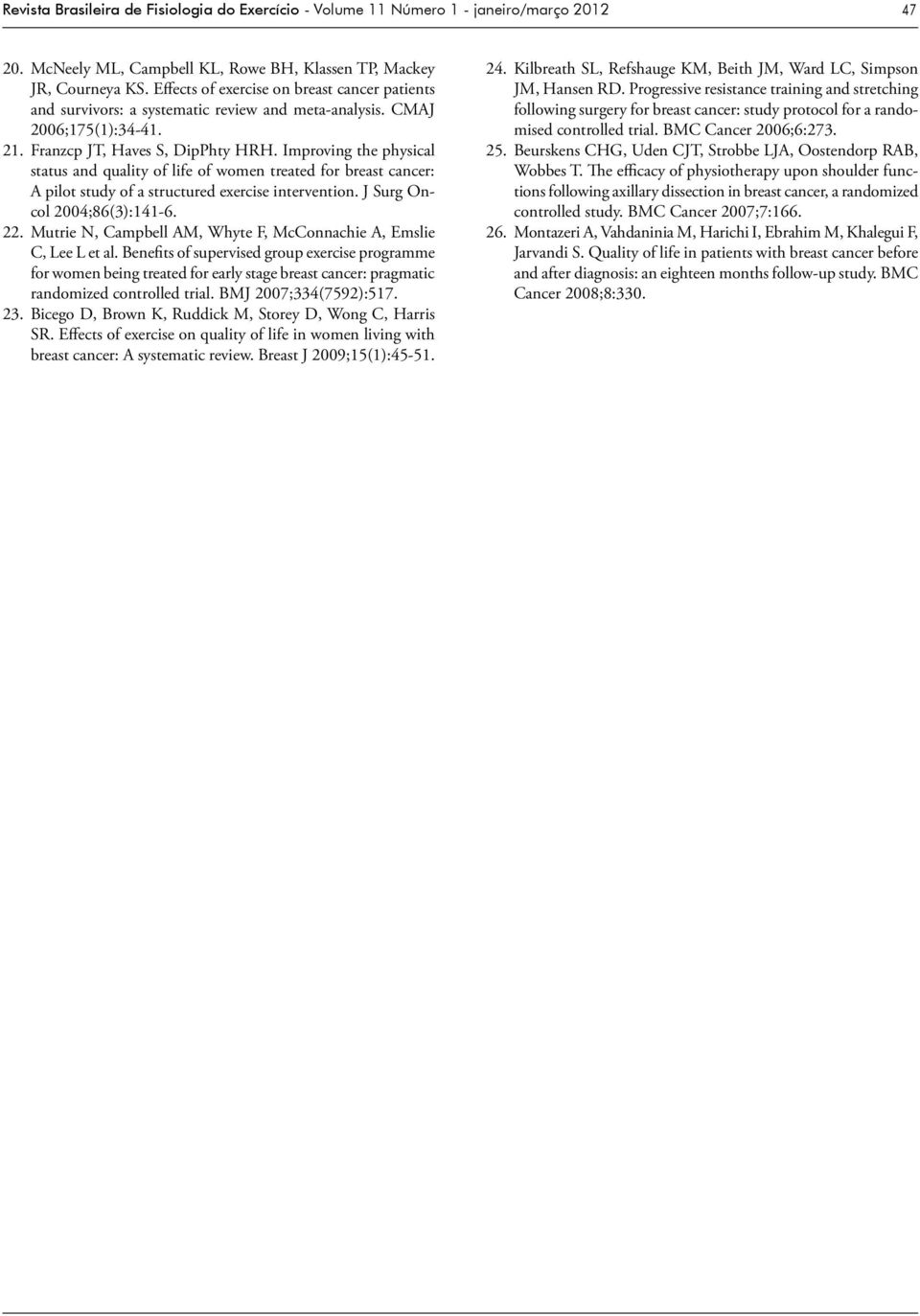 Improving the physical status and quality of life of women treated for breast cancer: A pilot study of a structured exercise intervention. J Surg Oncol 2004;86(3):141-6. 22.