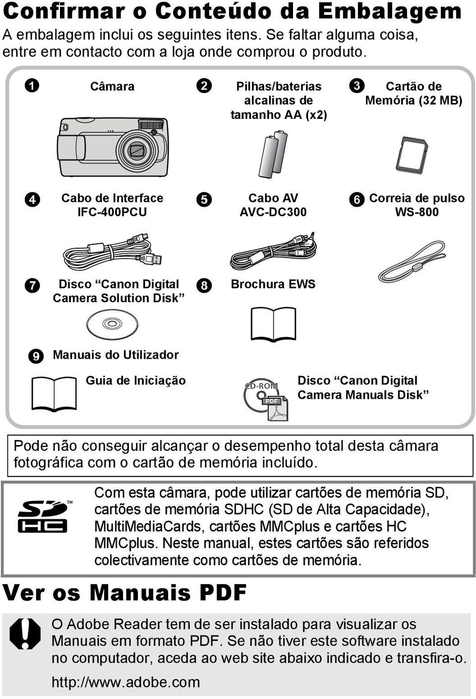 Disk h Brochura EWS i Manuais do Utilizador Guia de Iniciação ( Disco Canon Digital Camera Manuals Disk Pode não conseguir alcançar o desempenho total desta câmara fotográfica com o cartão de memória