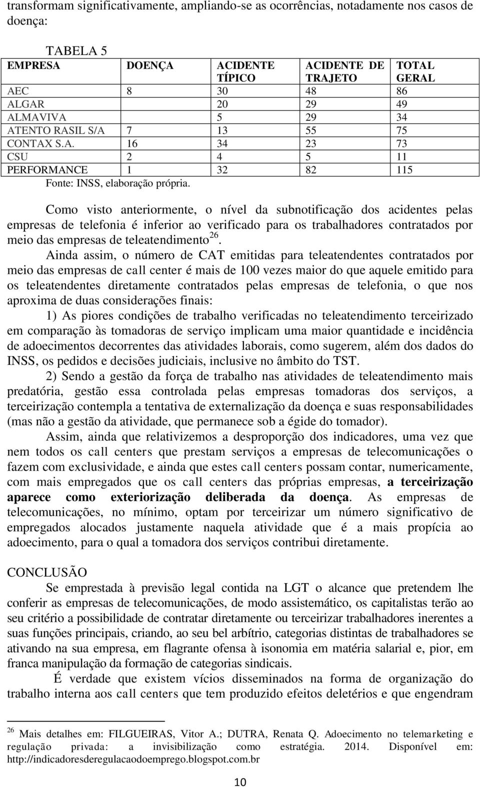 TOTAL GERAL Como visto anteriormente, o nível da subnotificação dos acidentes pelas empresas de telefonia é inferior ao verificado para os trabalhadores contratados por meio das empresas de