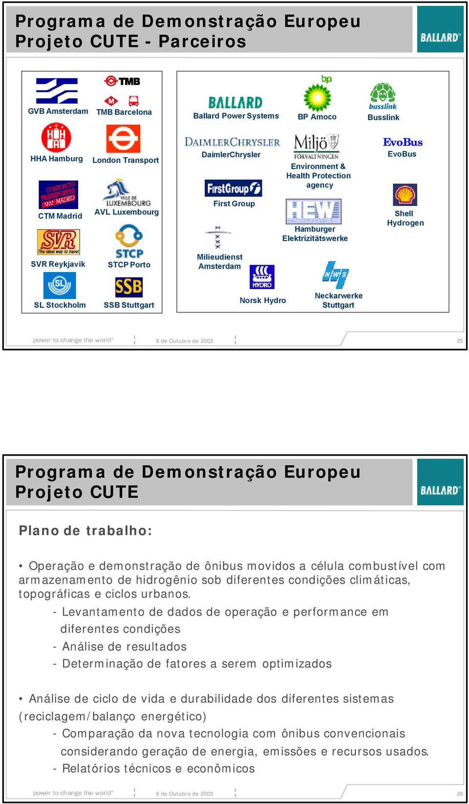 Hydro Neckarwerke Stuttgart 8 de Outubro de 2003 25 Programa de Demonstração Europeu Projeto CUTE Plano de trabalho: Operação e demonstração de ônibus movidos a célula combustível com armazenamento