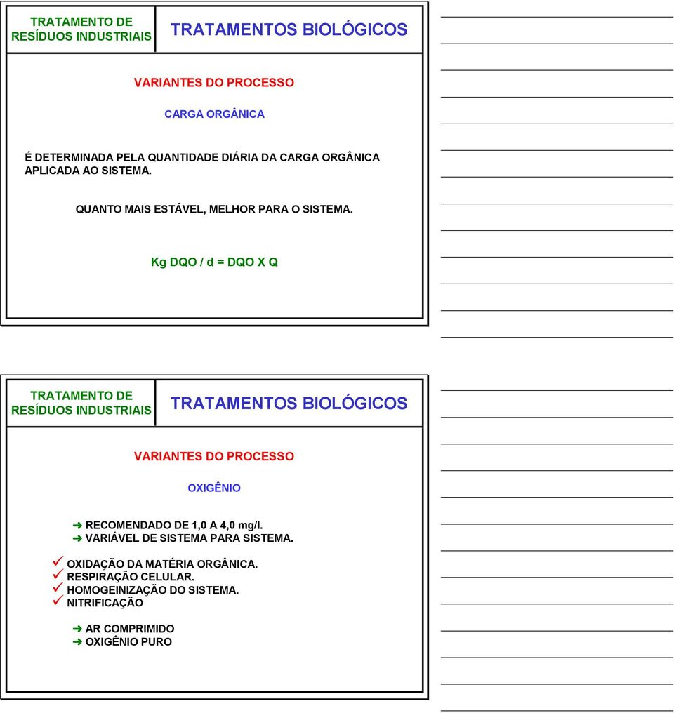 Kg DQO / d = DQO X Q RECOMENDADO DE 1,0 A 4,0 mg/l. VARIÁVEL DE SISTEMA PARA SISTEMA.