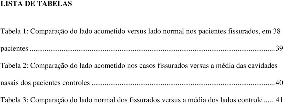 .. 39 Tabela 2: Comparação do lado acometido nos casos fissurados versus a média das