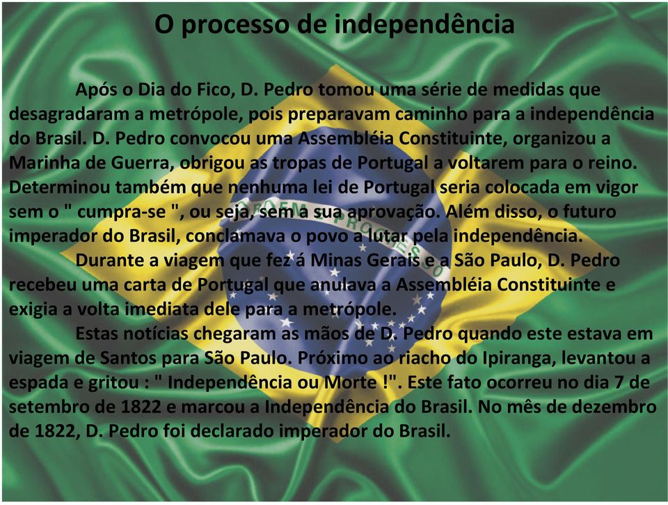 Além disso, o futuro imperador do Brasil, conclamava o povo a lutar pela independência. Durante a viagem que fez áminas Gerais e a São Paulo, D.