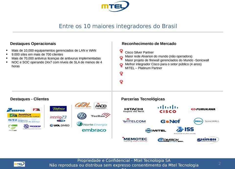 de menos de 4 horas Reconhecimento de Mercado Cisco Silver Partner Maior rede Alvarion do mundo (não operadora) Maior projeto de firewall