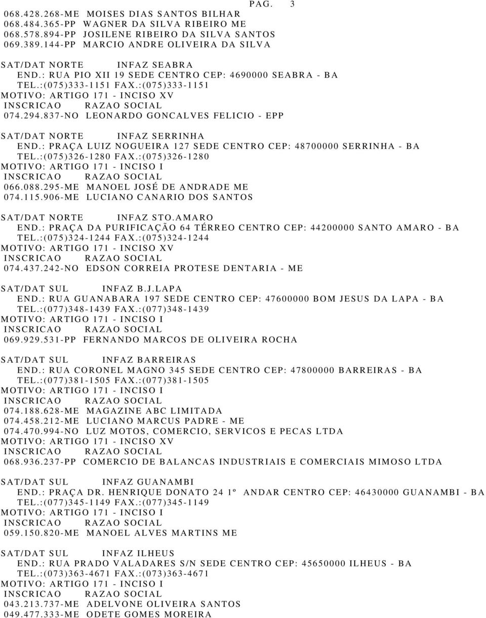 837-NO LEONARDO GONCALVES FELICIO - EPP SAT/DAT NORTE INFAZ SERRINHA END.: PRAÇA LUIZ NOGUEIRA 127 SEDE CENTRO CEP: 48700000 SERRINHA - BA TEL.:(075)326-1280 FAX.:(075)326-1280 066.088.