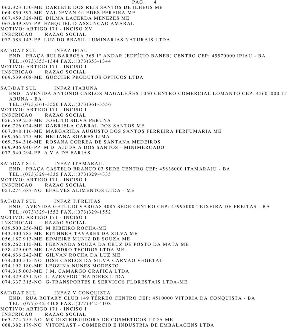 539.408-ME GUCCIER PRODUTOS OPTICOS LTDA SAT/DAT SUL INFAZ ITABUNA END.: AVENIDA ANTONIO CARLOS MAGALHÃES 1050 CENTRO COMERCIAL LOMANTO CEP: 45601000 IT ABUNA - BA TEL.:(073)361-3556 FAX.