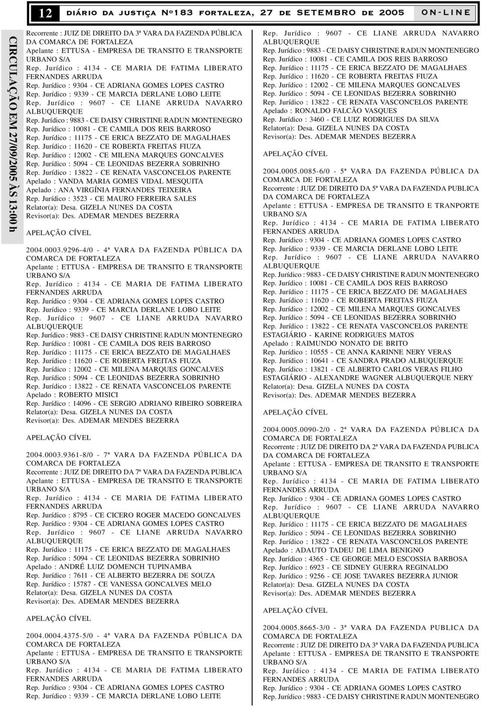 Jurídico : 9607 - CE LIANE ARRUDA NAVARRO ALBUQUERQUE Rep. Jurídico : 9883 - CE DAISY CHRISTINE RADUN MONTENEGRO Rep. Jurídico : 10081 - CE CAMILA DOS REIS BARROSO Rep.