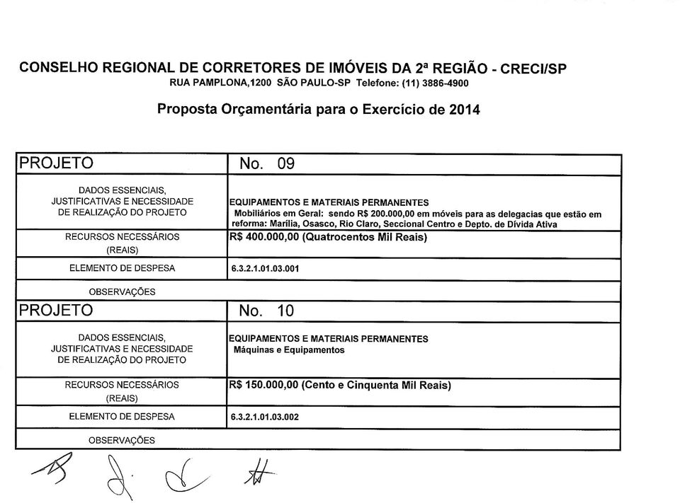 000,00 em móveis para as delegacias que estão em reforma: Marilia, Osasco, Rio Claro, Seccional Centro e Depto. de Divida Ativa RECURSOS NECESSÁRIOS R$ 400.