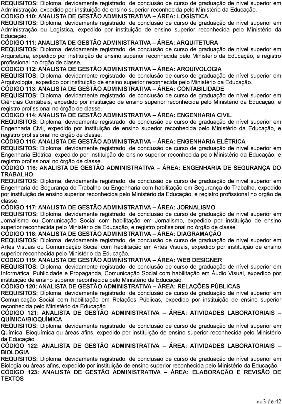 CÓDIGO 111: ANALISTA DE GESTÃO ADMINISTRATIVA ÁREA: ARQUITETURA Arquitetura, expedido por instituição de ensino superior reconhecida pelo Ministério da Educação, e registro profissional no órgão de