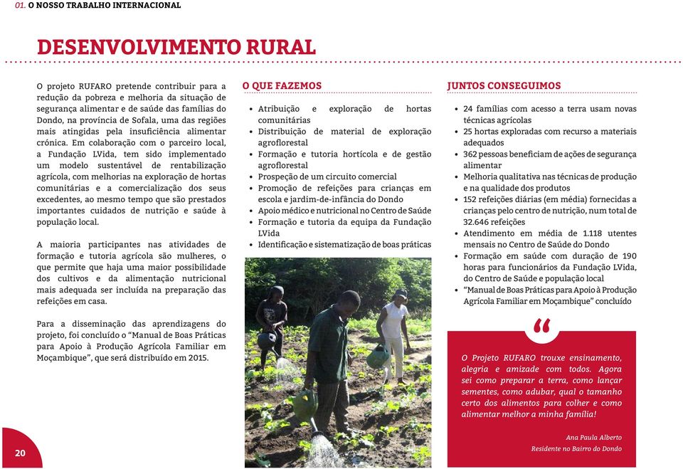 Em colaboração com o parceiro local, a Fundação LVida, tem sido implementado um modelo sustentável de rentabilização agrícola, com melhorias na exploração de hortas comunitárias e a comercialização