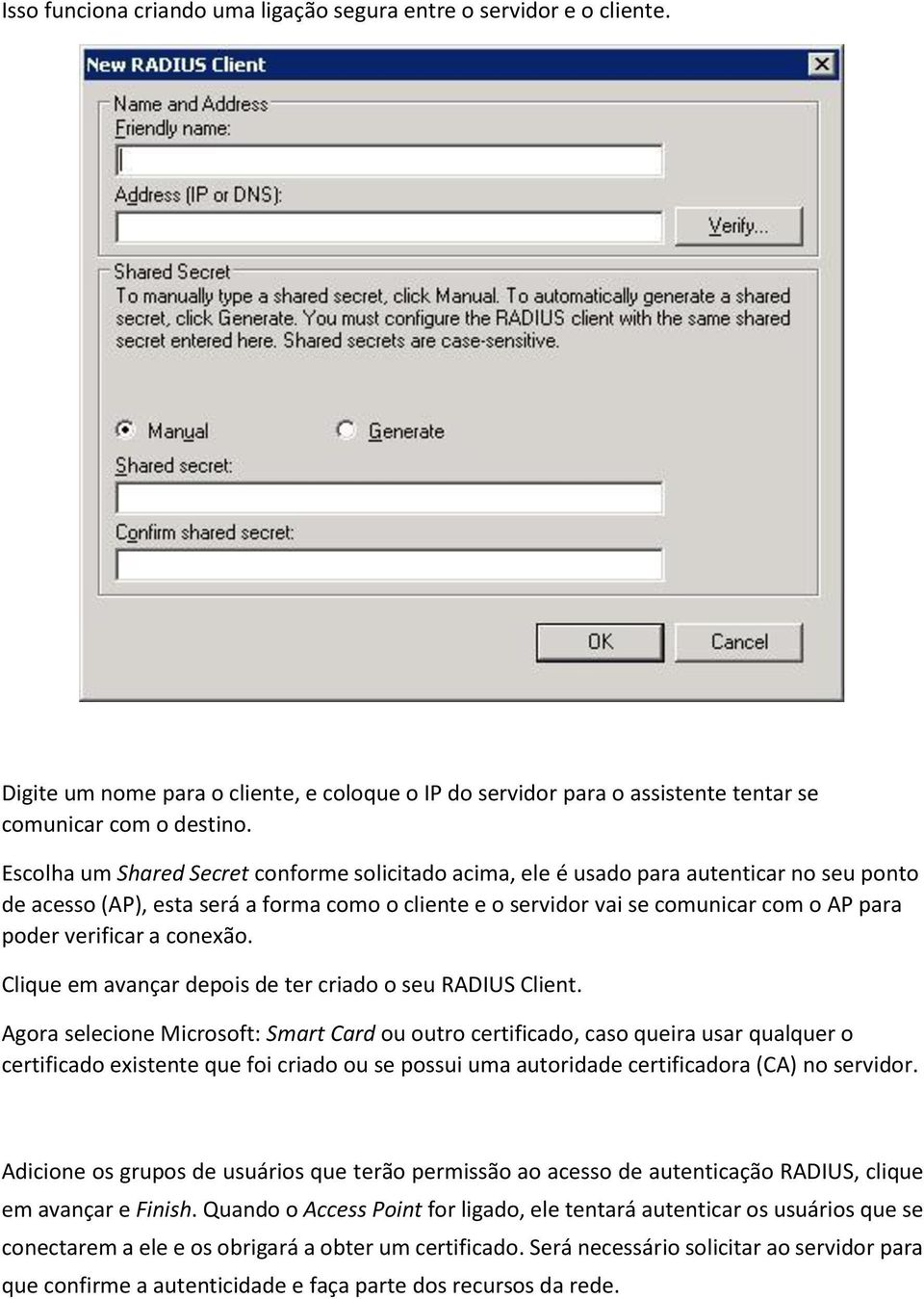 verificar a conexão. Clique em avançar depois de ter criado o seu RADIUS Client.