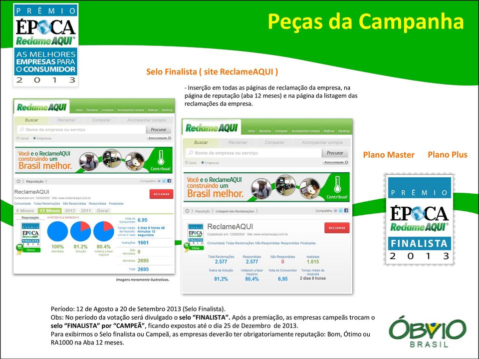 Período: 12 de Agosto a 20 de Setembro 2013 (Selo Finalista). Obs: No período da votação será divulgado o selo FINALISTA.